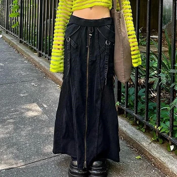 2000-ih, Retro Estetski Y2K S Niskim Strukom Teretni Duga Suknja U Stilu hipi Vintage Traper Suknja Na Munje Berba Džepove U stilu grunge Vanjska Odjeća