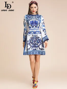 LD LINDA DELLA Moderan Dizajn Ljetno Svilenu Kratku Haljinu Donje Elegantno Plavo i bijelo Фарфоровое Mini haljinu s Dugim rukavima za odmor